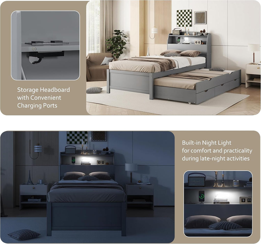 Bellemave Twin Size Wooden Platform Bed with Trundle & LED Storage Headboard - 3 Drawers, Wood Twin Captain Bed with USB Outlets and Hidden Flip-Up Compartment for Kids Teens Boys Girls (Gray)