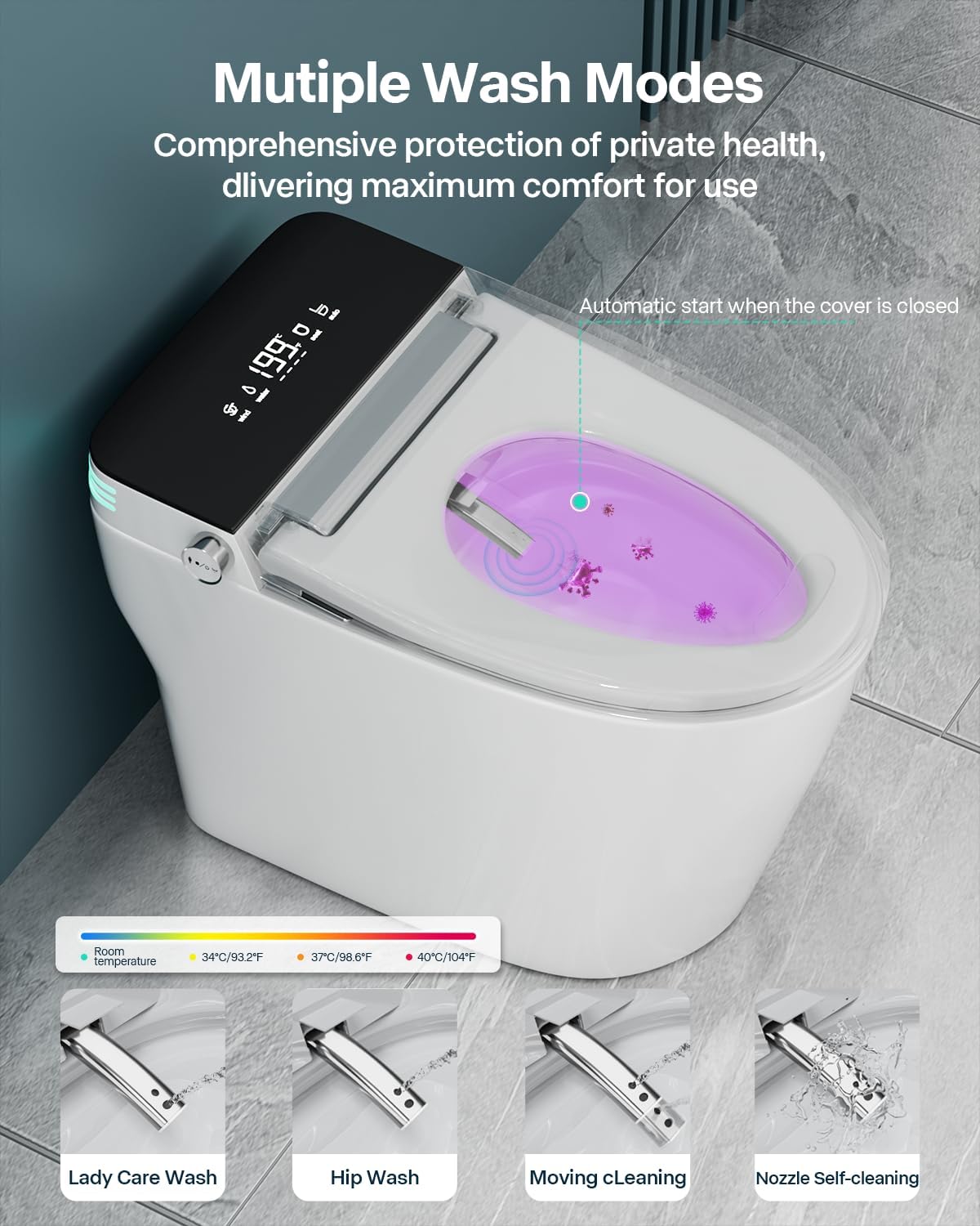 Smart Toilet with Bidet Built In, ADA Comfort Height, One Piece Elongated Toilet with Tank Built in, Pump, Auto Open Close Quiet Flush, Foam Shield, Voice Control Heated Seat,Instant Warm Water