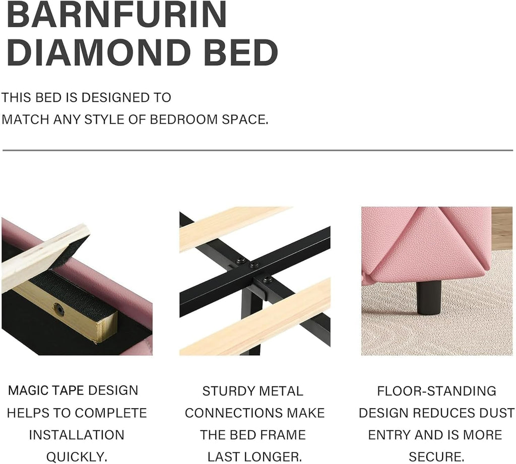 BarnFurin King Size Bed Frame, Faux Leather Upholstered Bed with Diamond Tufted Headboard, Modern King Size Bed with Wooden Slats Support, No Box Spring Required, Easy Assembly, Pink