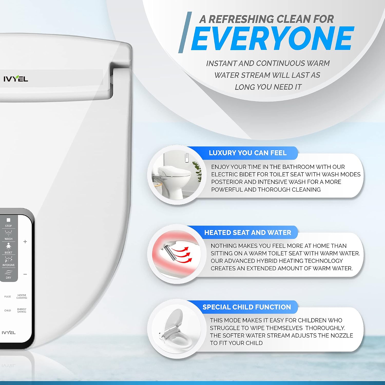 GL-3 REM Smart Bidet Toilet Seat with Remote - Round Electric Bidet, Heated Seat, Warm Air Dryer, Full Stainless Steel Self-Cleaning Nozzle, Intensive Wash & Sitz Bath