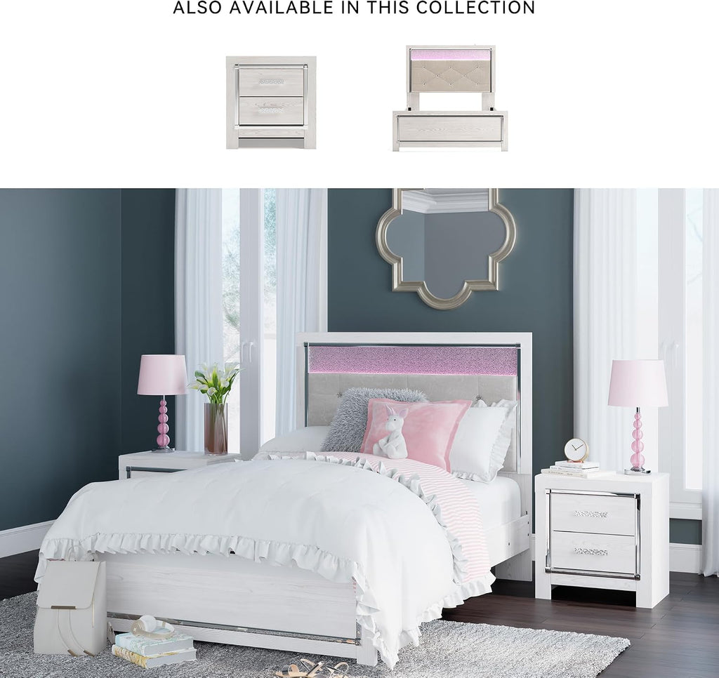 Signature Design by Ashley Altyra Contemporary Adjustable Tufted Full Upholstered Panel Bed with LED Lights and Metal Slats, Foundation or Box Spring Needed, White & Gray