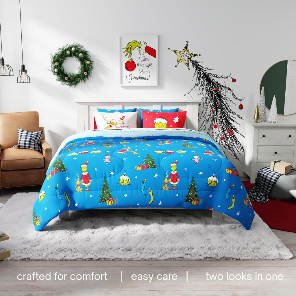 Grinch by Dr. Seuss Holiday & Christmas Bedding Super Soft Comforter and Sheet Set with Sham, 7 Piece King Size (Official Dr. Seuss Product) By Franco