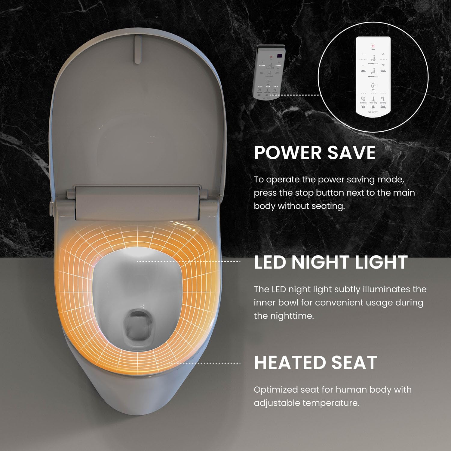 VOVO VB-6000SE Elongated Bidet Toilet Seat, Warm Water, LED Light, Heated Seat, White, Dryer, Stainless Steel Nozzle, Made in Korea