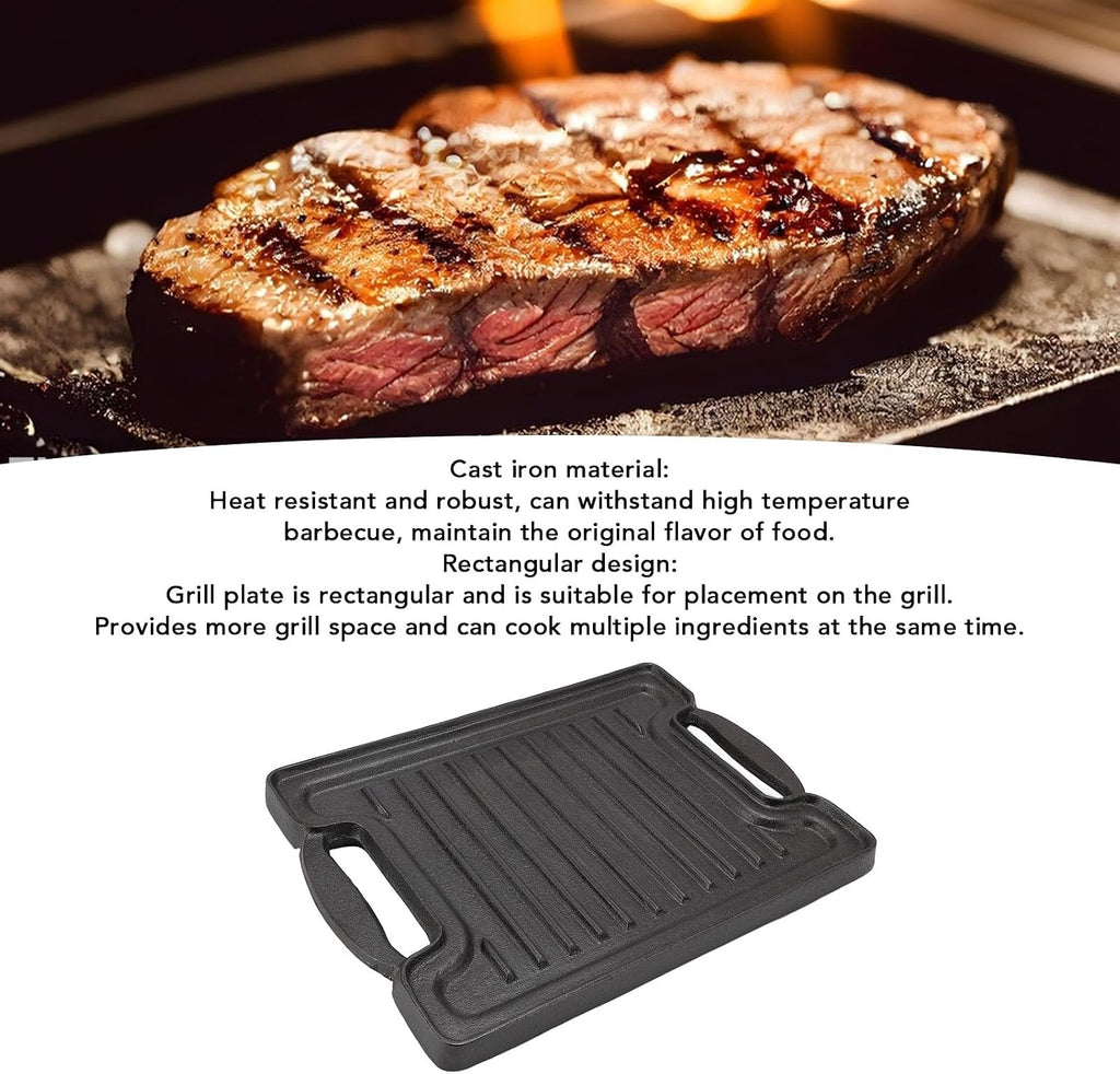 Cast Iron Grill Pan, Cast Iron Rectangular Even Heating Grilling Plate Cast Iron Griddle Stove Top Grill With BBQ Grill Plate for Meats Seafood Vegetables