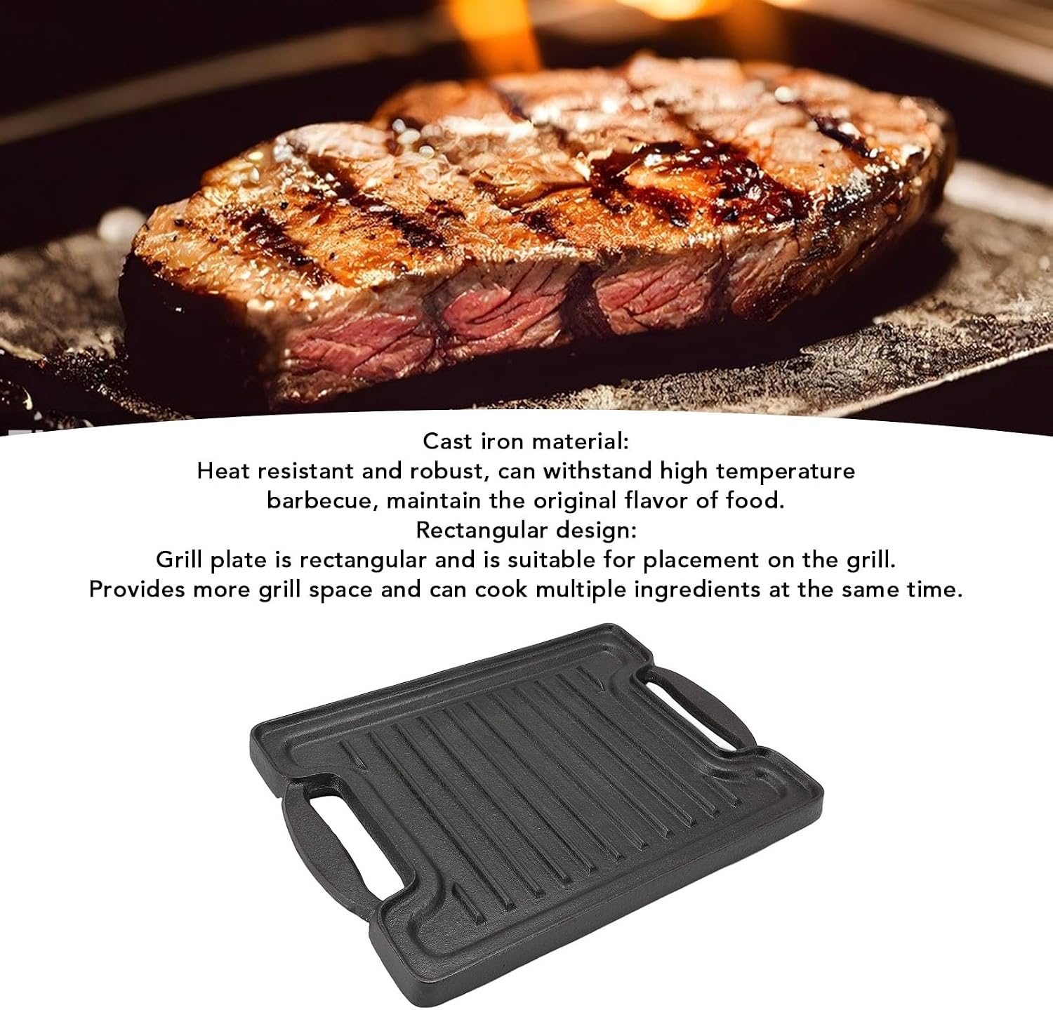 Cast Iron Grill Pan, Cast Iron Rectangular Even Heating Grilling Plate Cast Iron Griddle Stove Top Grill With BBQ Grill Plate for Meats Seafood Vegetables