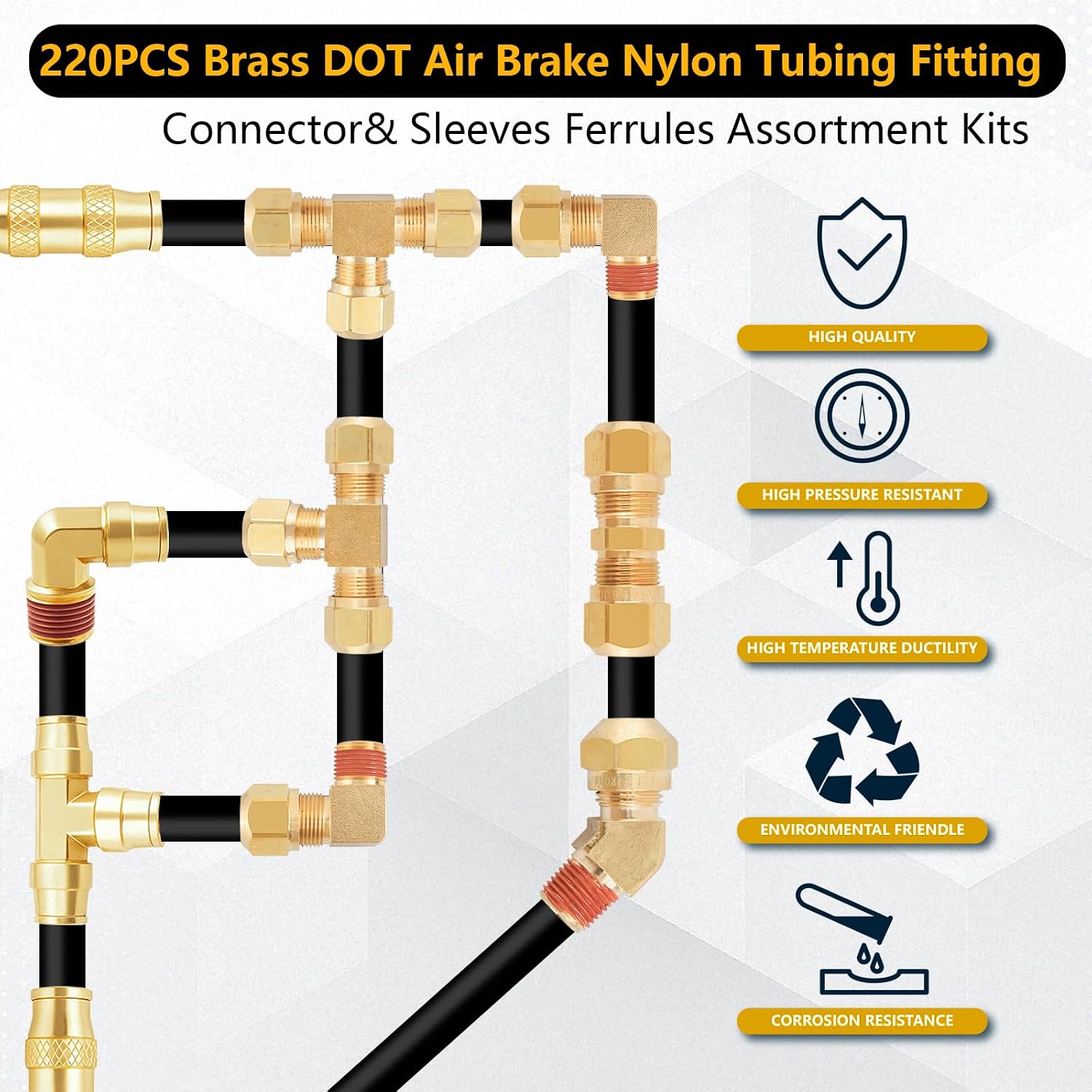 220Pcs Brass DOT Air Line Fittings Push Lock Air Fittings & Air Nylon Tube Compression Fittings Kits,1/4' 1/8' 3/8' 1/2' NPT Push To Connect Fittings Quick Connect Air Hose Fittings Assortment