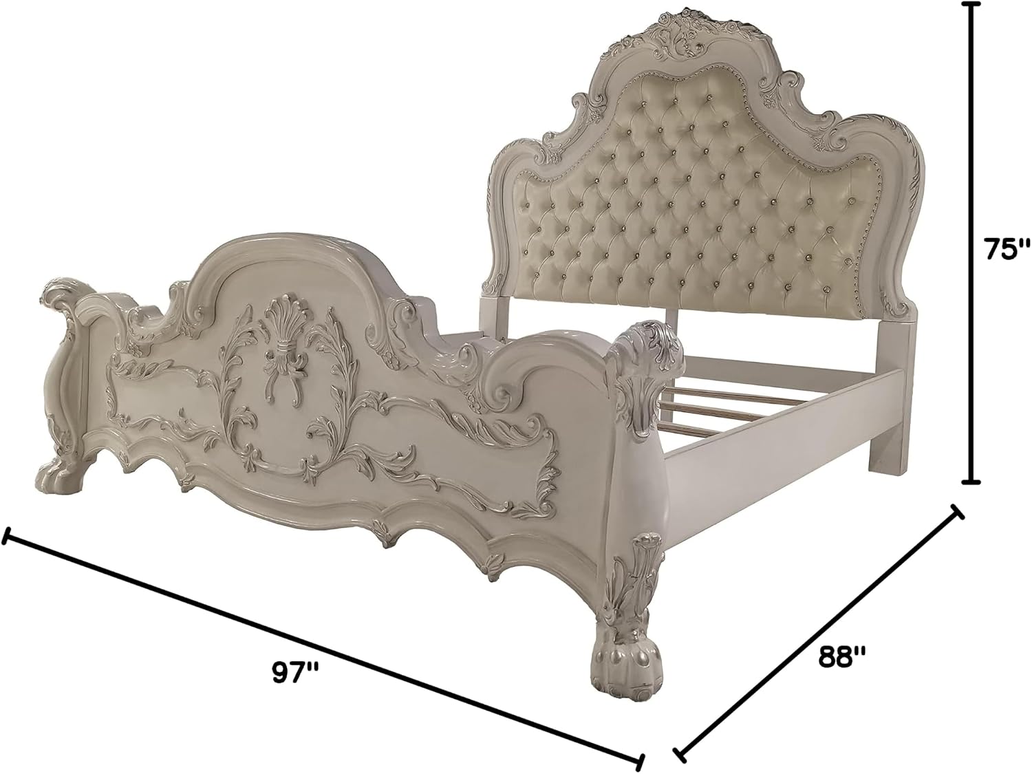 Acme Dresden Wooden Bed with Faux Leather Upholstery in Bone White