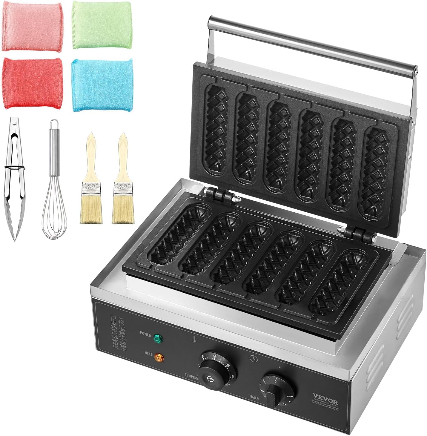 VEVOR Commercial Waffle Stick Maker, 6PCS 1500W Waffle Baker Machine, Non-Stick Stainless Steel Corn Hot Dog Waffle Iron with Temp and Time Control, Handle, for Restaurant Bakery Snack Bar Family
