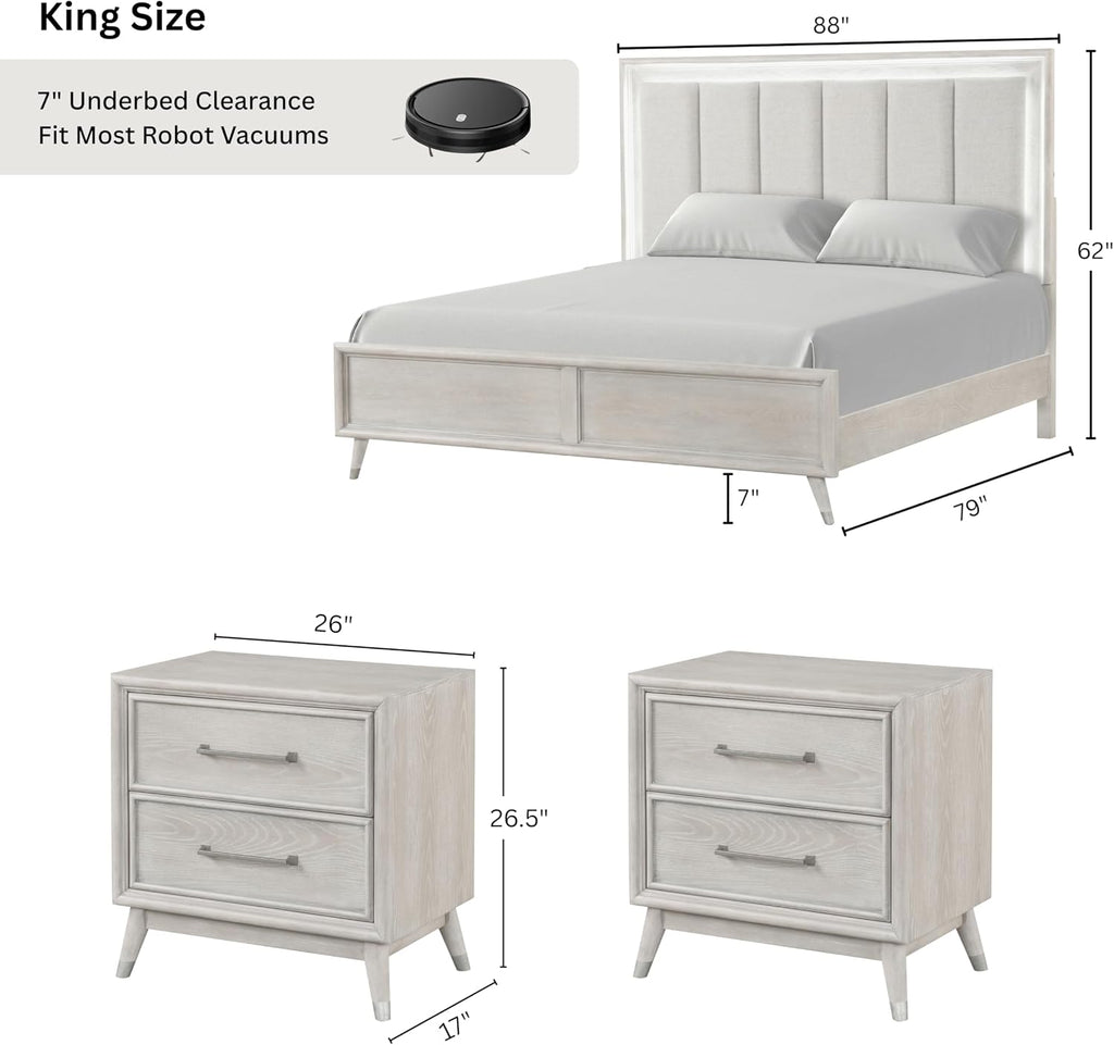 Roundhill Furniture Seluna 3-Piece Bedroom Set with Touch LED Lighting, Gray Oak Finish, King
