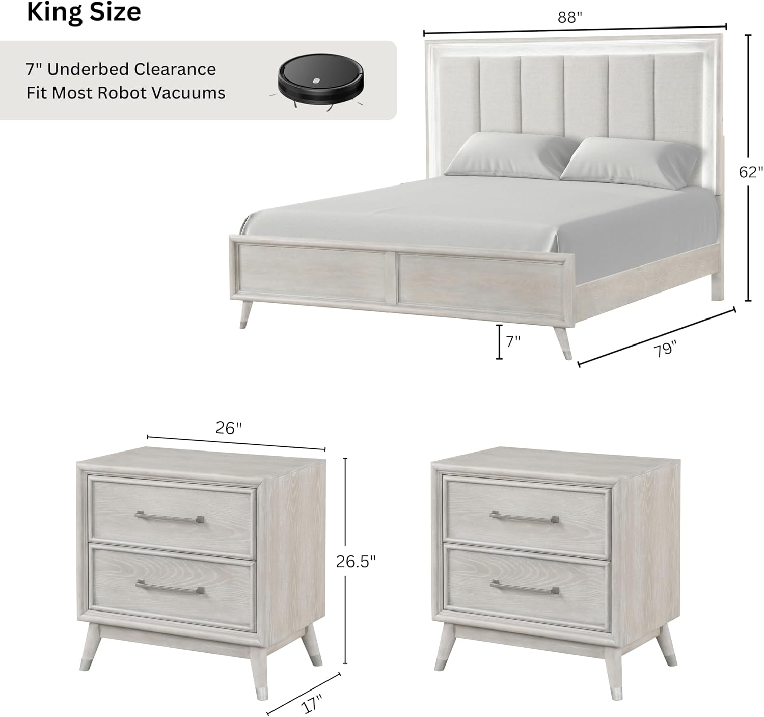 Roundhill Furniture Seluna 3-Piece Bedroom Set with Touch LED Lighting, Gray Oak Finish, King