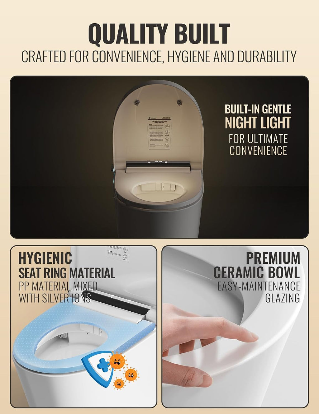 Smart Toilet with Bidet Built in, Luxury One Piece Elongated Bidet Toilet, Auto Open/Close/Flush, Foot Sensor Operation, Built-in Tank & Booster Pump, Heated Seat, Massage Wash, Night Light