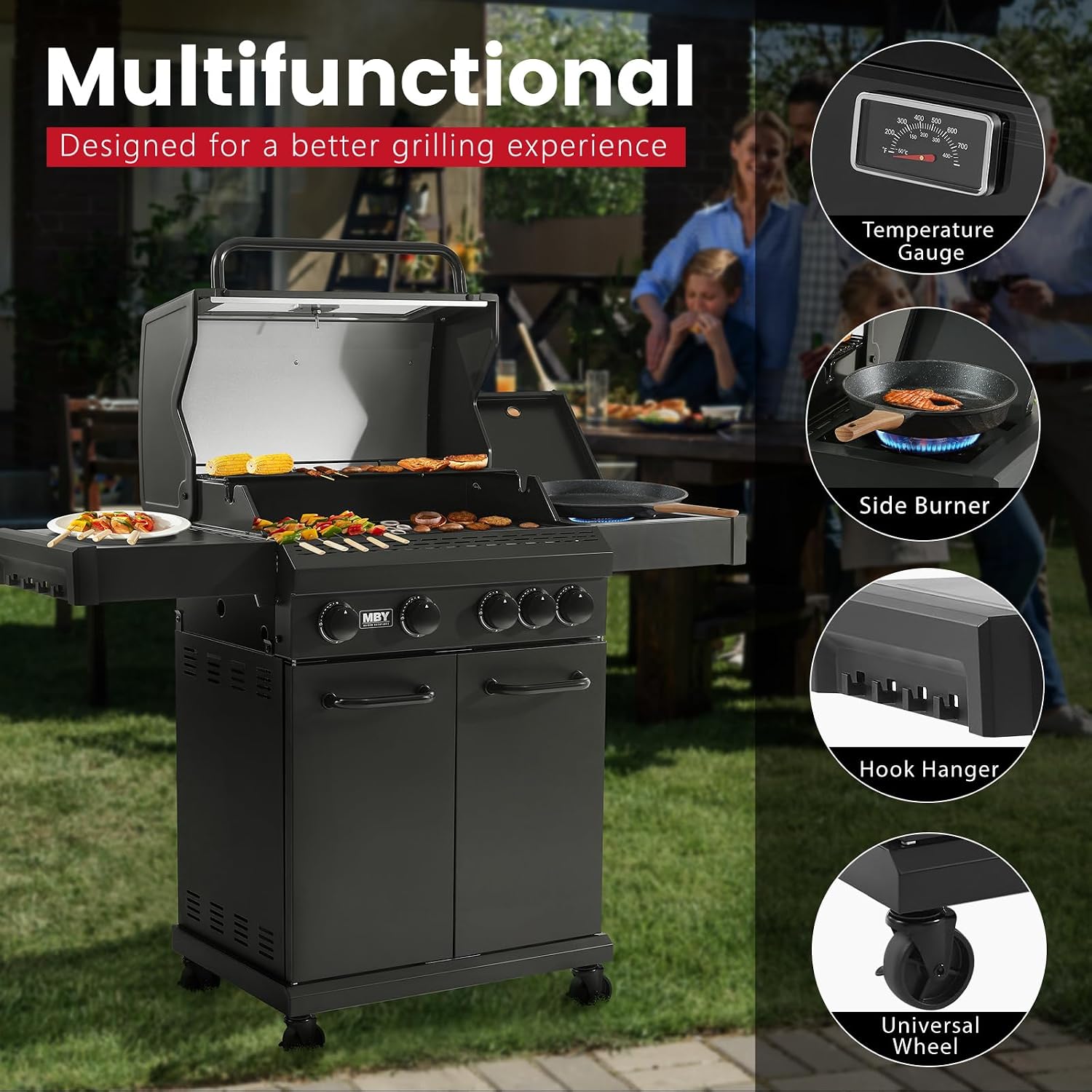 4 Burner Propane Grill,50000 BTU BBQ Grill with Side Burner and Enameled Cast Iron Grates,Visible Window Gas Grill with Wheels for Outdoor Cooking, Patio, Garden Barbecue Griliing
