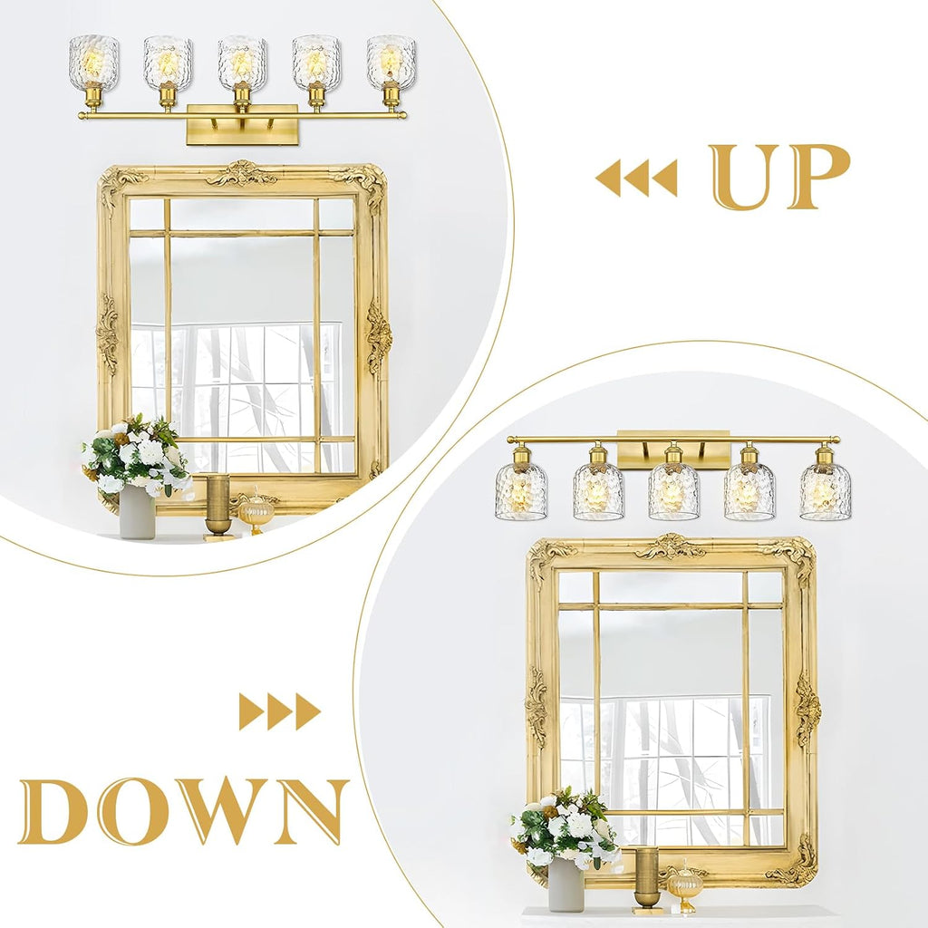 zeyu 34.8'' Gold Bathroom Wall Light, 5 Light Bathroom Vanity Light for Mirror Living Room, Brushed Gold Finish with Clear Hammered Glass, ZJF63B-5W BG