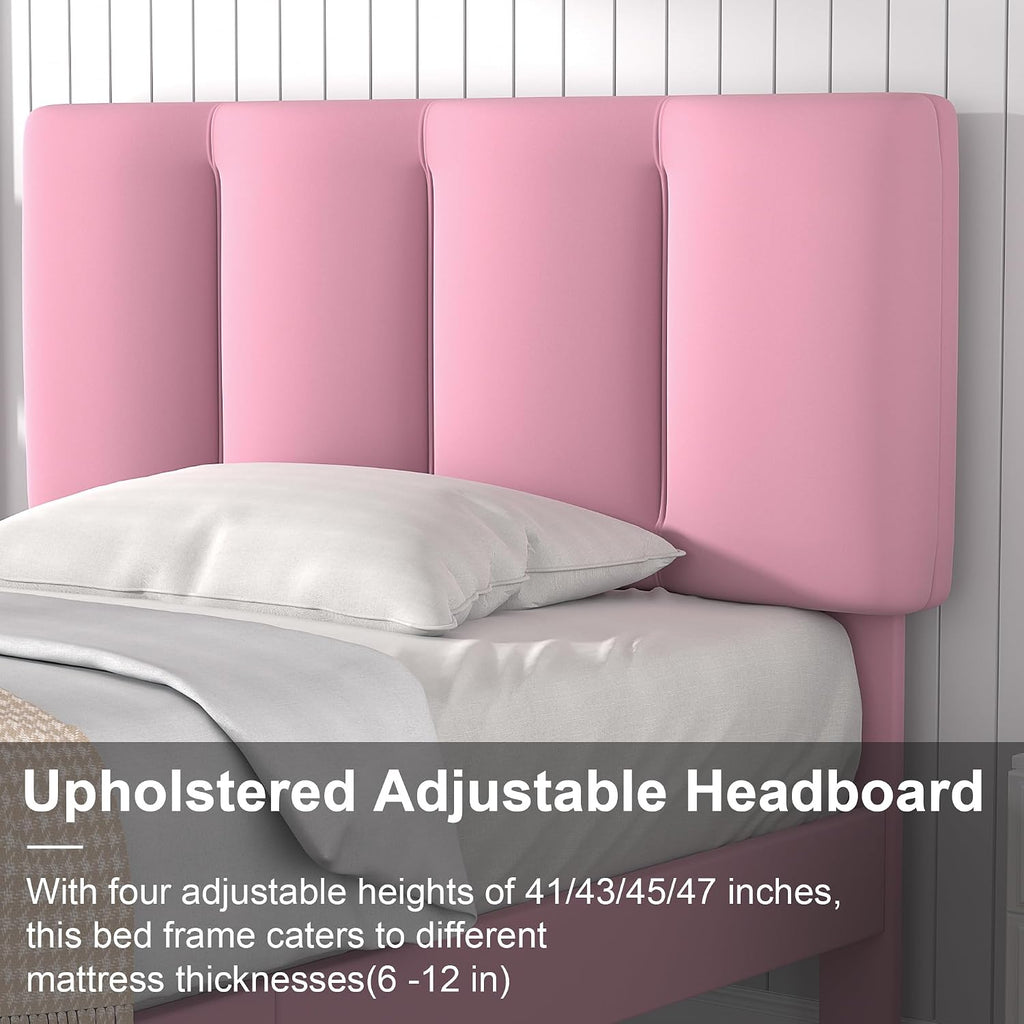 VECELO Twin Bed Frames, Upholstered Platform Bedframe, Adjustable Headboard, Wood Slat Support, No Box Spring Needed, Easy Assembly, Cherry Pink