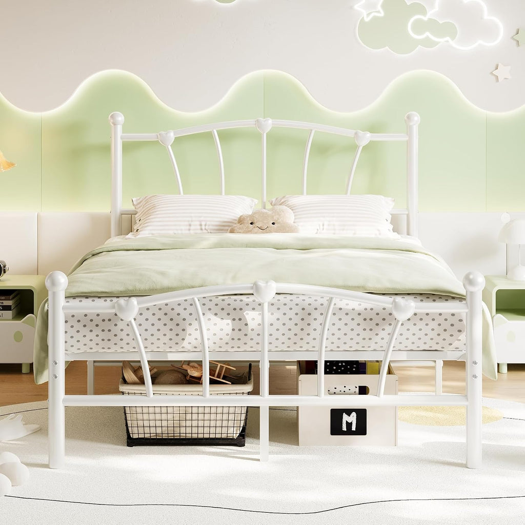 GarveeHome Full Size Bed Frame, Heart Shaped Metal Bed Frame with Headboard and Footboard, Platform Bed Frame with Sturdy Slat Support, Underbed Storage Space, No Box Spring Needed, White