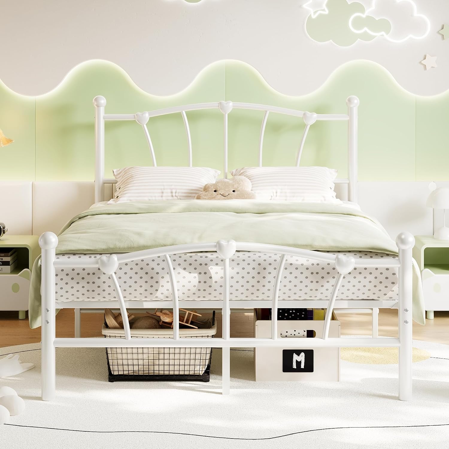 GarveeHome Full Size Bed Frame, Heart Shaped Metal Bed Frame with Headboard and Footboard, Platform Bed Frame with Sturdy Slat Support, Underbed Storage Space, No Box Spring Needed, White