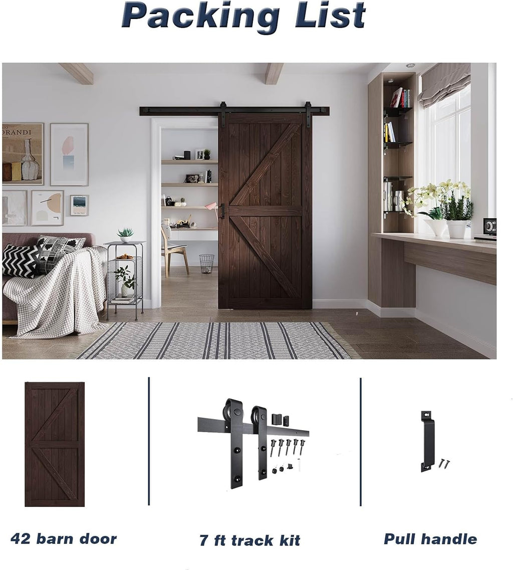 FREDBECK 42in x 84in Brown Barn Door with 7ft (84inch) Barn Door Hardware Track Kit and Handle Included, Double Surfaces,Simple Assembly is Required,K-Frame,Coffee