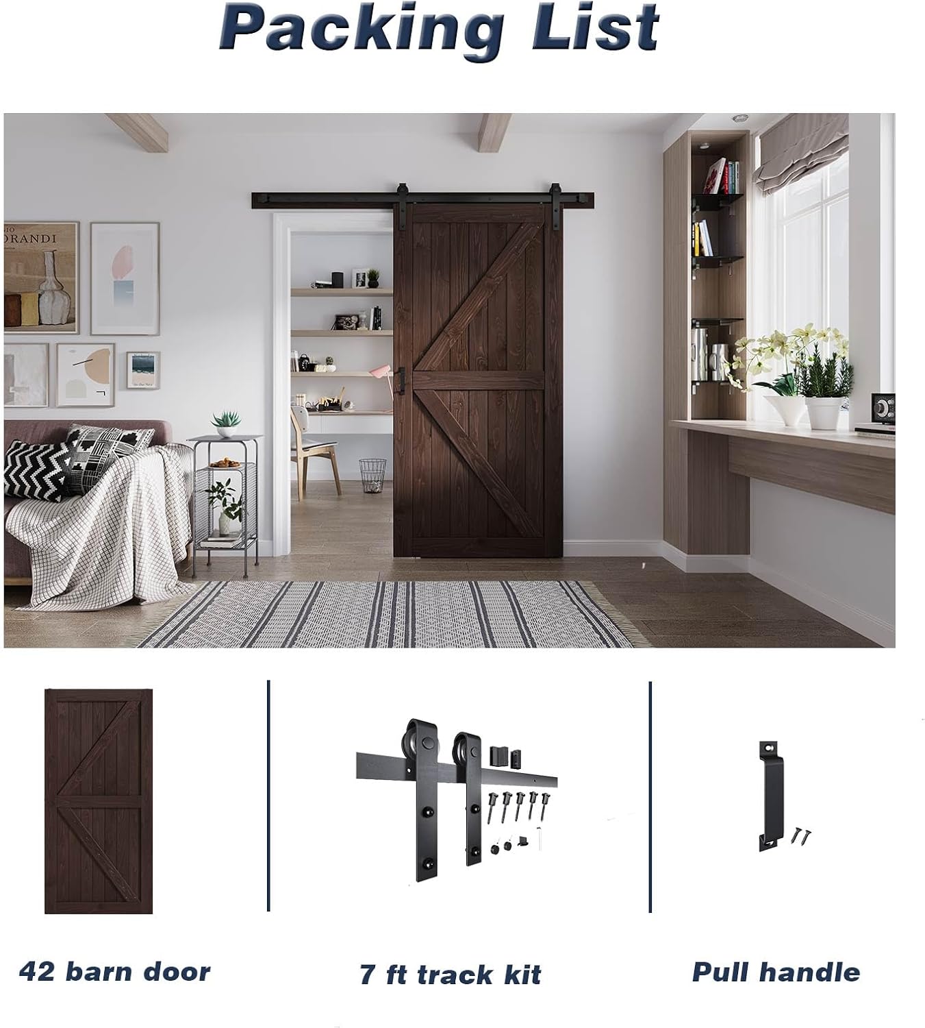 FREDBECK 42in x 84in Brown Barn Door with 7ft (84inch) Barn Door Hardware Track Kit and Handle Included, Double Surfaces,Simple Assembly is Required,K-Frame,Coffee