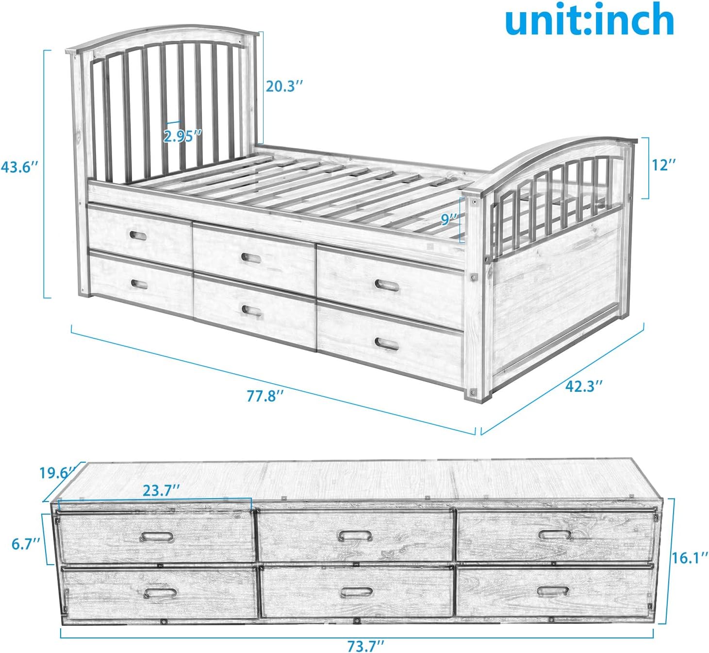 Merax Platform Storage Bed Solid Wood Bed with 6 Drawers Twin Size