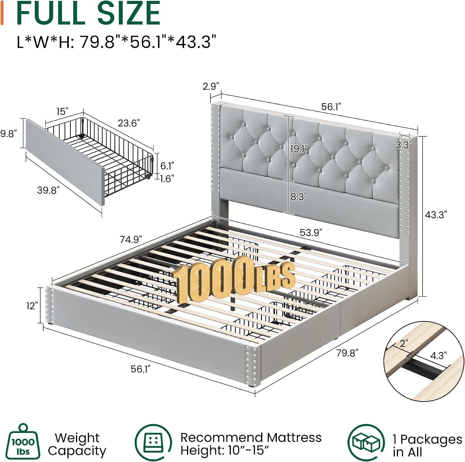 LARMACE Full Size Bed Frame Upholstered Platform Bed with 4 Storage Drawers and Tufted Headboard Bed Frame with Heavy Duty Wood Slats, No Box Spring Needed, Easy Assembly, Bluish Grey