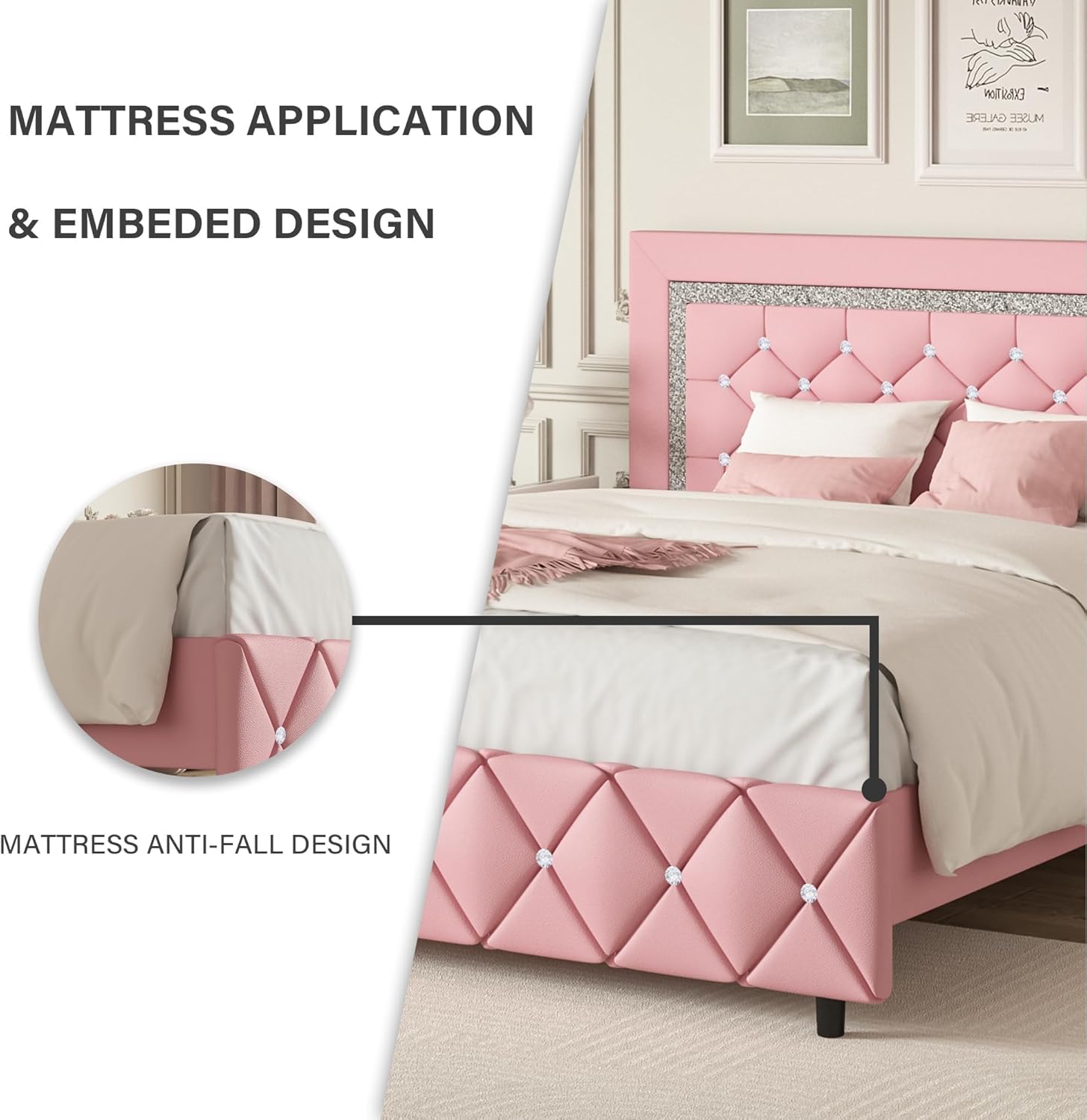 BarnFurin Full Size Bed Frame, Upholstered Platform Bed with Button Tufted Headboard, Princess Bed Frame with Diamond Design, No Box Spring Required, Easy Assembly, Pink