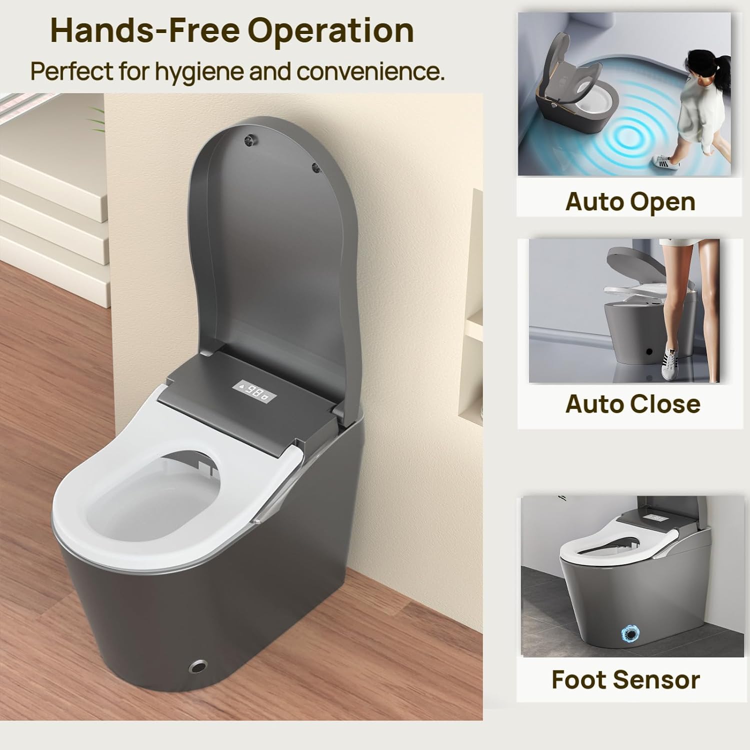 Tankless Smart Toilet With Bidet, Auto Flush, Auto Open,Close,Heated Seat, Warm Water and Dry, Foam Shield Function White, Matte Grey
