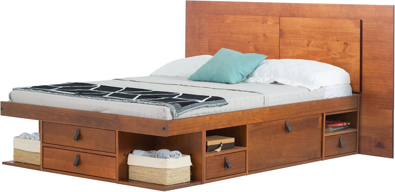 memomad Bali Slim Set: Storage Platform Bed with Drawers + Flat Panel Headboard (Full Size, Caramel Brown Wood)