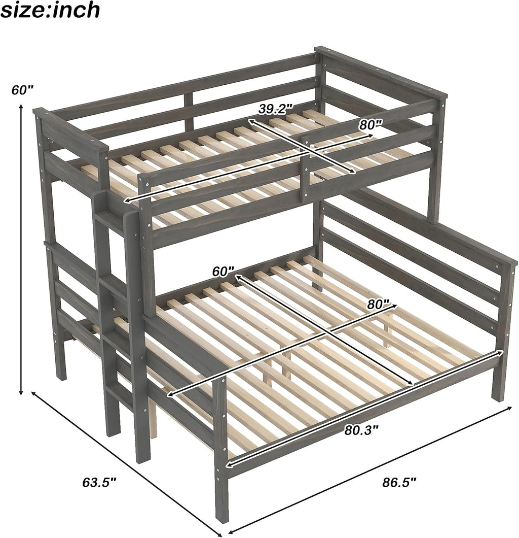 Harper & Bright Designs Detachable Design Twin XL Over Queen Bunk Bed with Ladder,Wood Twin-Over-Queen Bunk Bed Frame with Guardrail,Separated into 2 Beds,Gray
