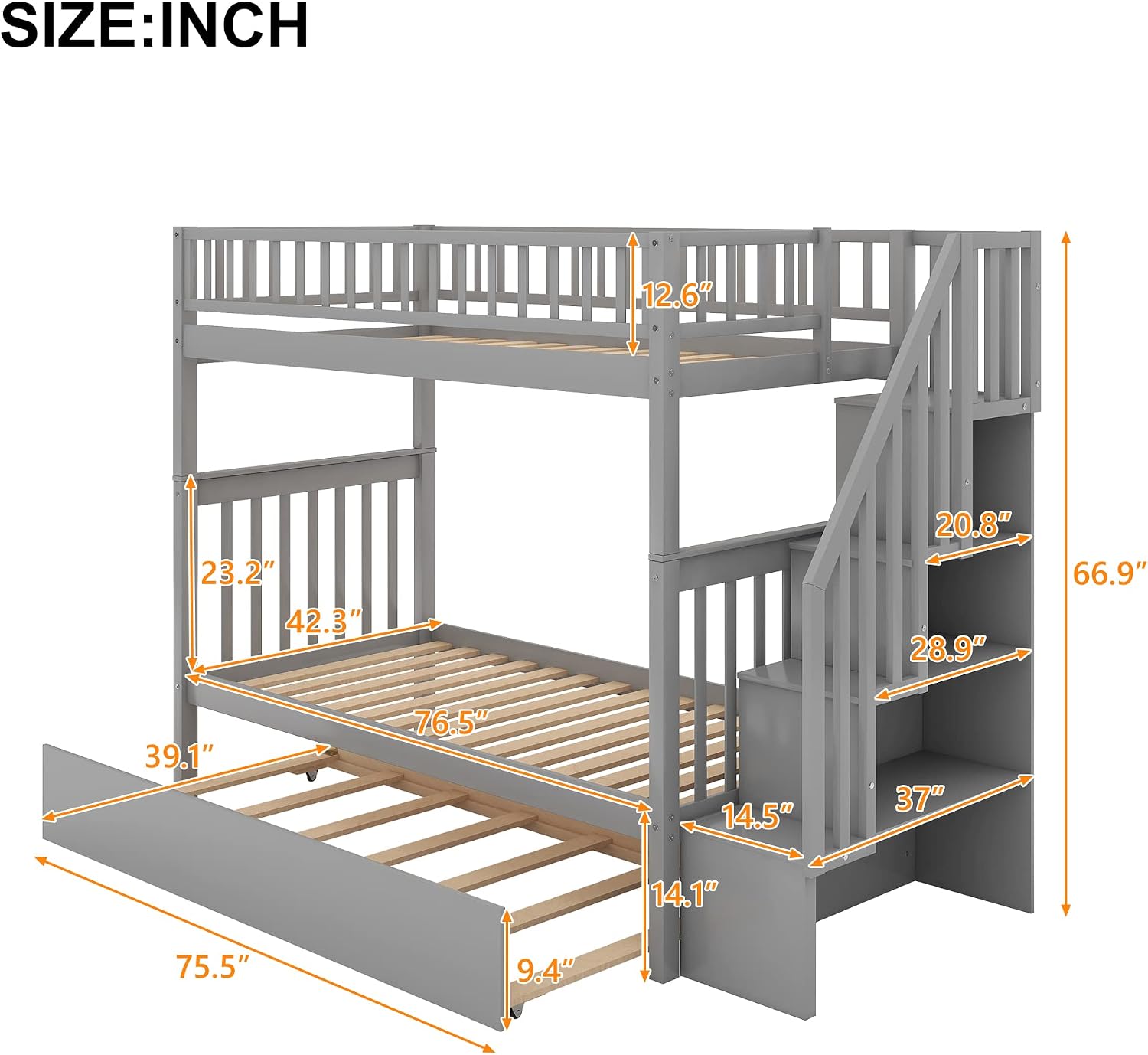Harper & Bright Designs Twin-Over-Twin Bunk Bed with Trundle and Storage Staircase, Solid Wood 3 in 1 Stairway Bunk Bed with Trundle