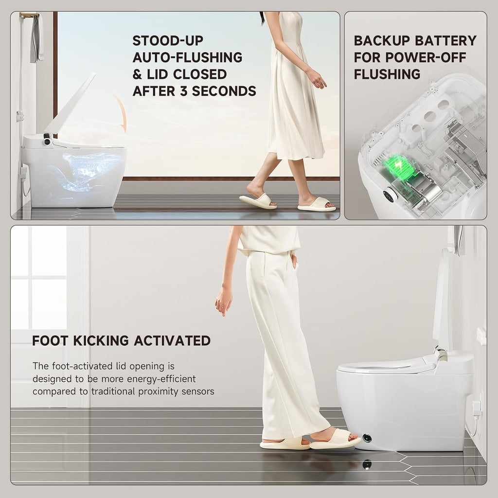 Smart Toilet+Macerator Pump System, Tankless Upflush Macerating Toilet with Bidet Built-in, Heated Dryer Warm Water, Remote Control, 4 Inlets Sewage Pump for Basement, Laundry, Sink Shower Grey Water