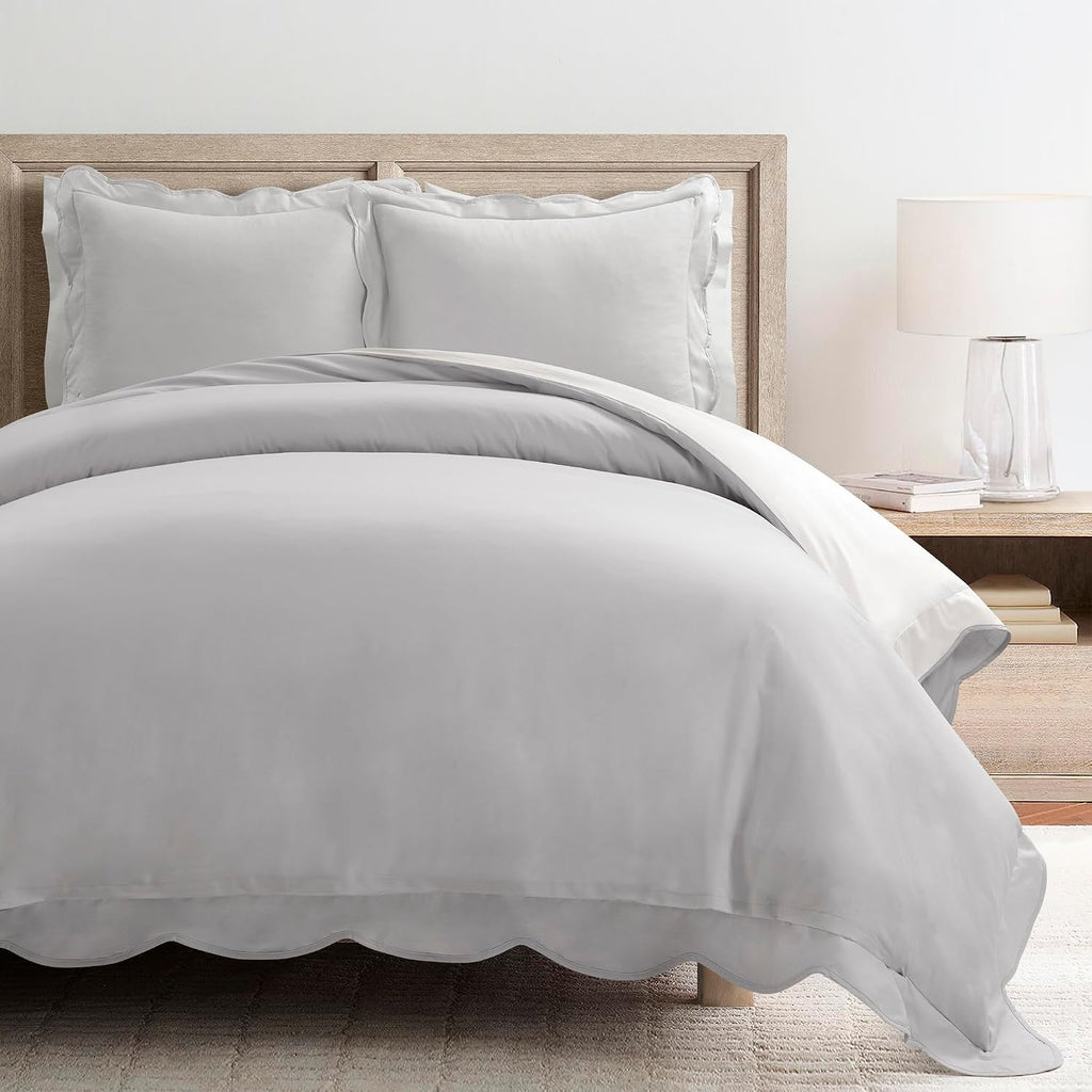 Lush Decor Coastal Chic Scalloped Edge Cotton Duvet Cover Set, 3 Piece Set, King, Gray & White - King Bedding Set - White Duvet Cover King - Coastal Decor
