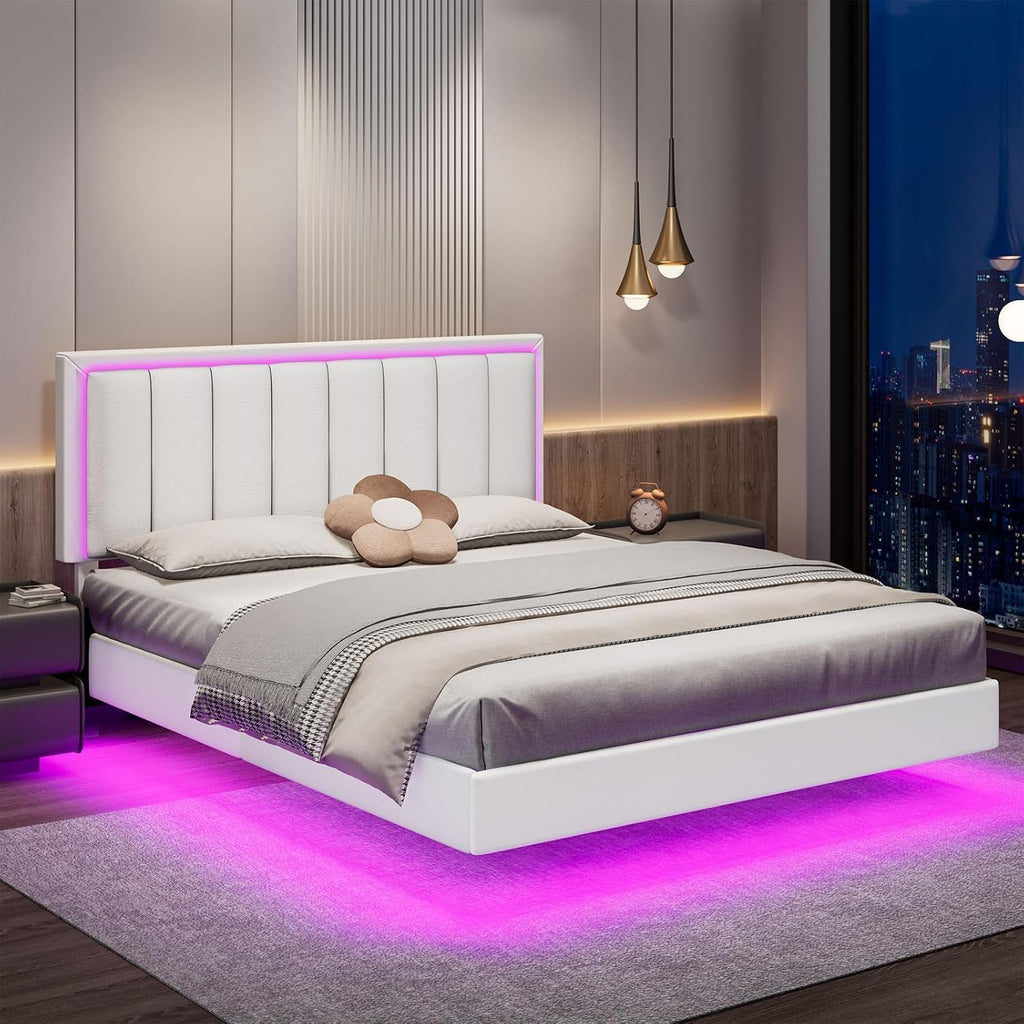 IMMERSTABLE Full Size Floating Bed Frame with LED Lights, Upholstered Platform Bed with Headboard, 11 in Storage Clearance, Solid Wood Slats, No Box Spring Needed, Easy Assembly, White