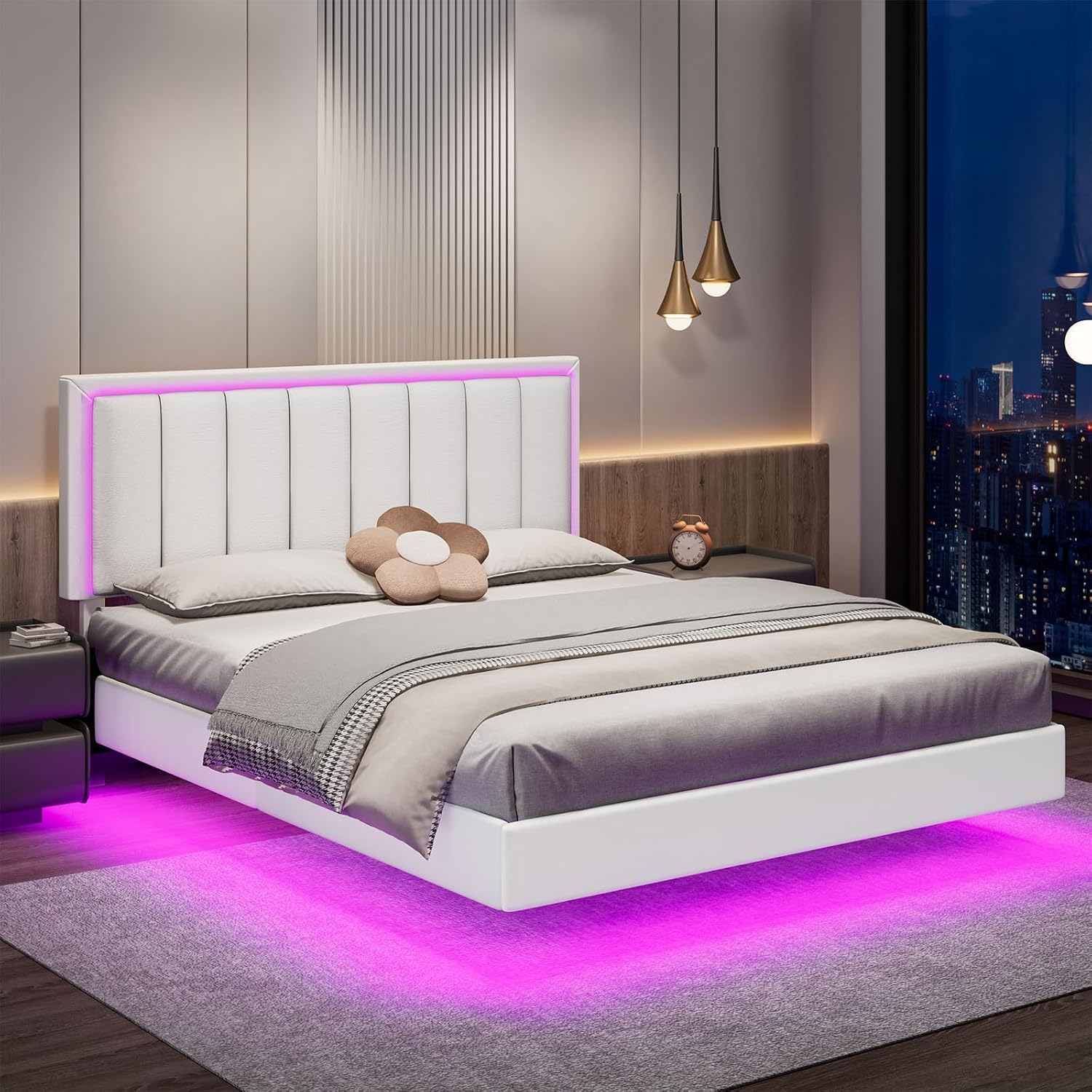 IMMERSTABLE Full Size Floating Bed Frame with LED Lights, Upholstered Platform Bed with Headboard, 11 in Storage Clearance, Solid Wood Slats, No Box Spring Needed, Easy Assembly, White