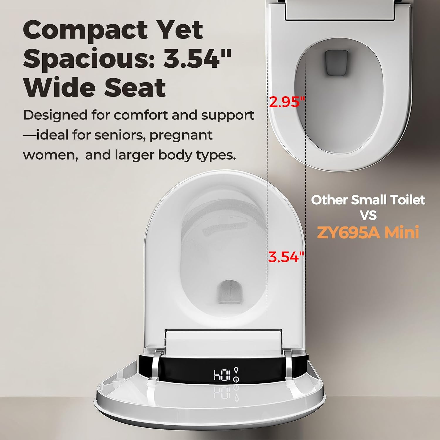 Smart Compact Toilet for Small Bathroom, 23' Depth Shallow Toilet with Foam Shield Auto Open/Close Lid, 12' Rough In, Built-in Tank, Heated Seat Foot Sensor Flush One-Piece (ZY695A Mini)