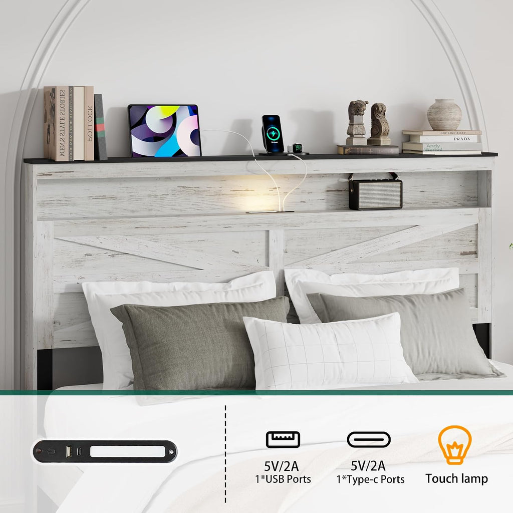 Full Size Bed Frame with Headboard, Rustic Farmhouse Wood Bed Frame with LED Lights and Charging Station, Easy Assembly, No Box Spring Needed (White, Full)