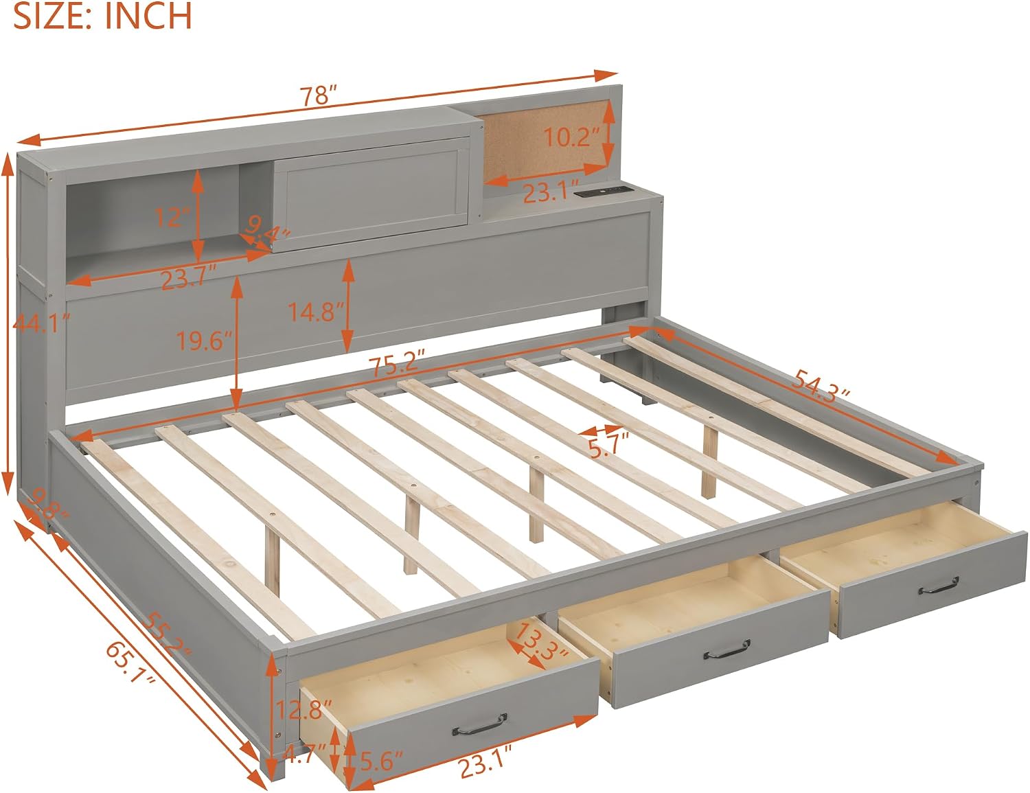 Merax Full Size Daybed with 3 Storage Drawers,Headboard with Shelf,A Set of Sockets and USB Ports,Grey