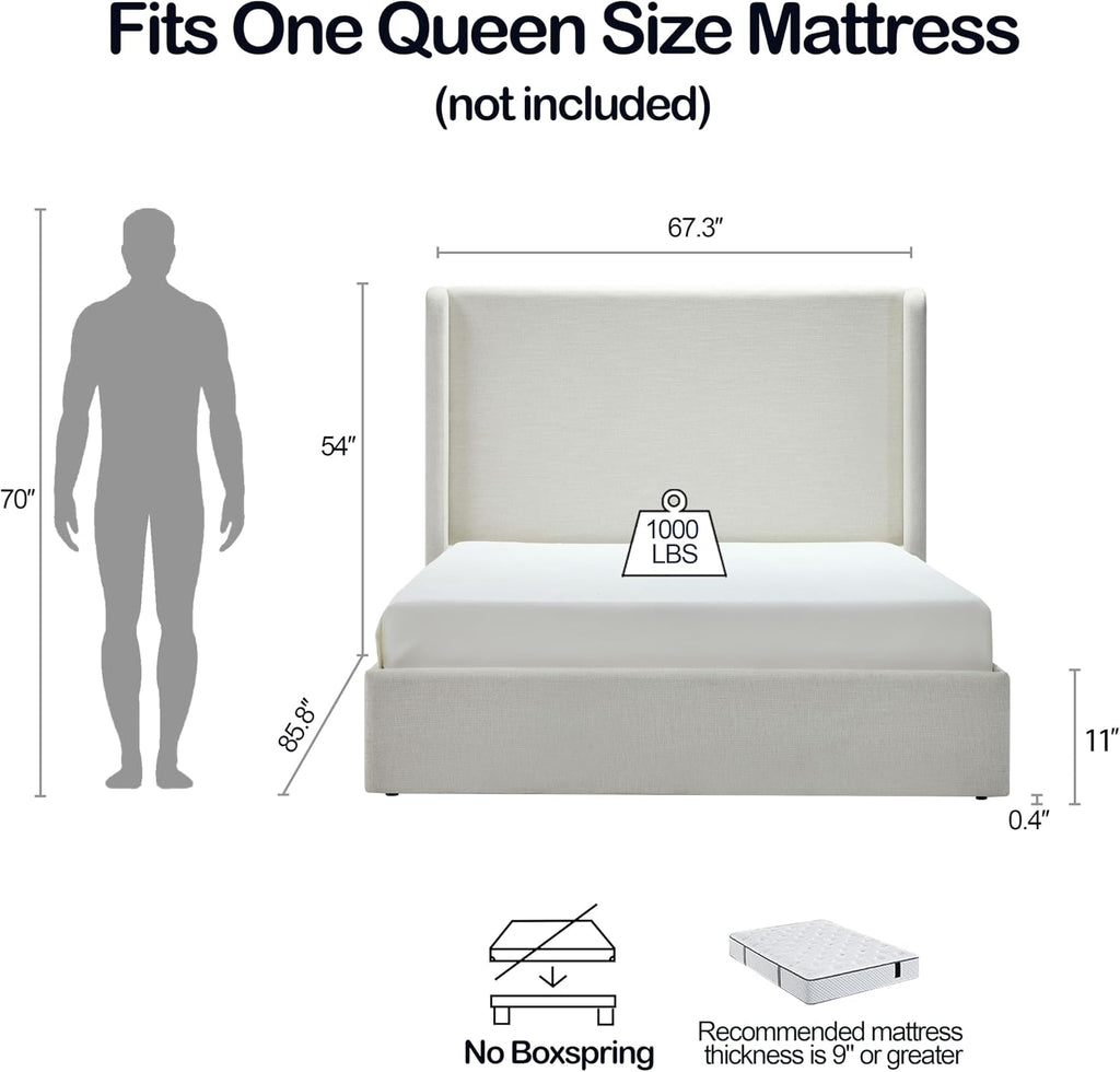 Queen Size Upholstered Platform Bed Frame, 54' High Headboard Carmen Wingback Bed, Fully Upholstered Mattress Foundation, No Box Spring Needed No Noise, Minimalist, Textured Ivory