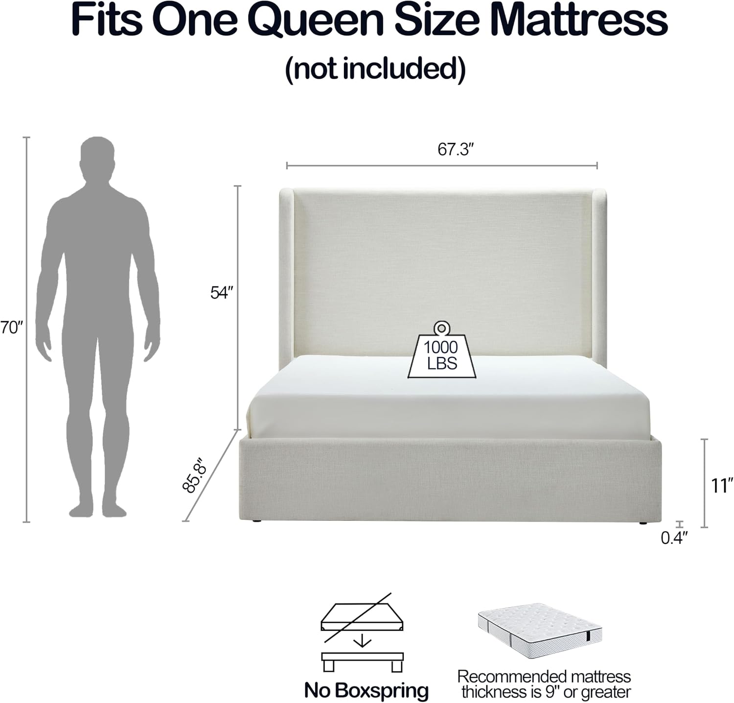 Queen Size Upholstered Platform Bed Frame, 54' High Headboard Carmen Wingback Bed, Fully Upholstered Mattress Foundation, No Box Spring Needed No Noise, Minimalist, Textured Ivory