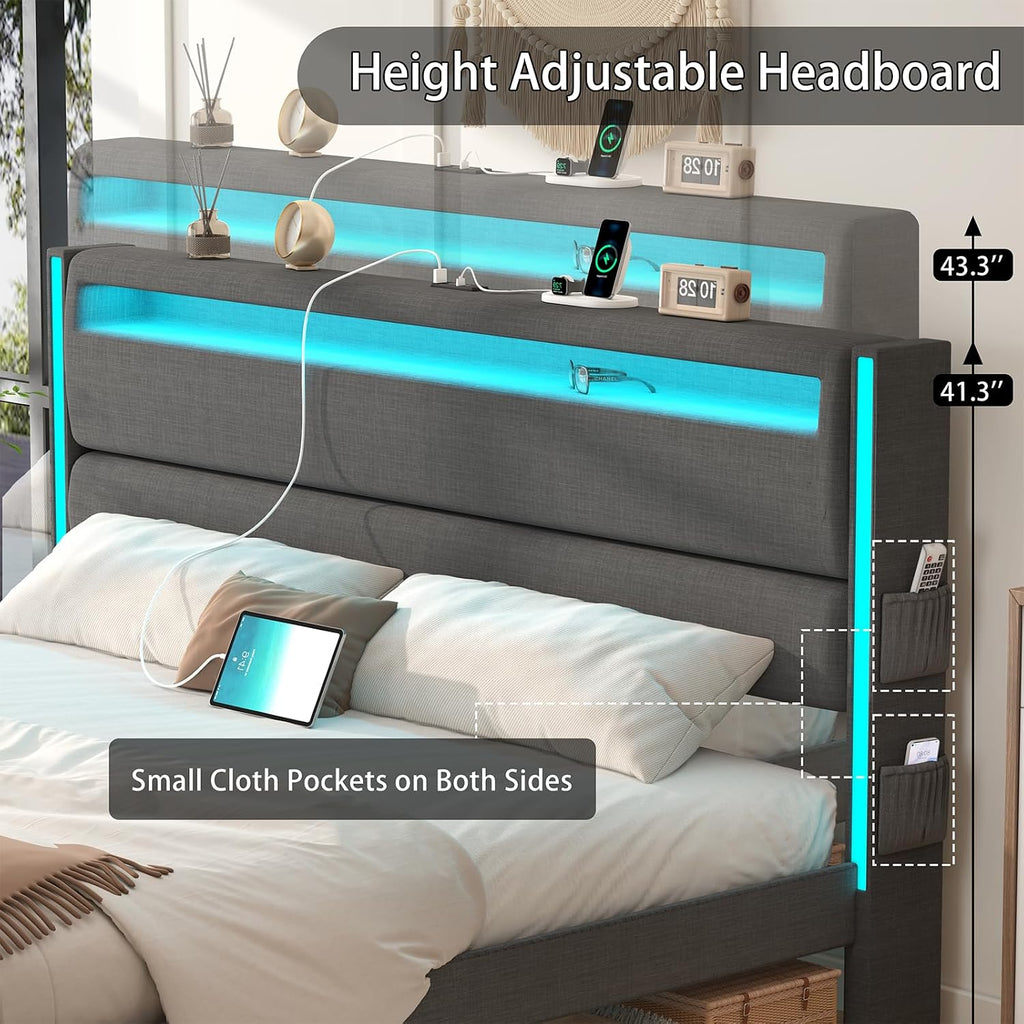 King Size Bed Frame and Adjustable Headboard, Light up King Size Platform Bed Frame with Type-C & USB Charging Station, LED Upholstered Metal Bed Frame King Size, No Box Spring Needed, Dark Grey
