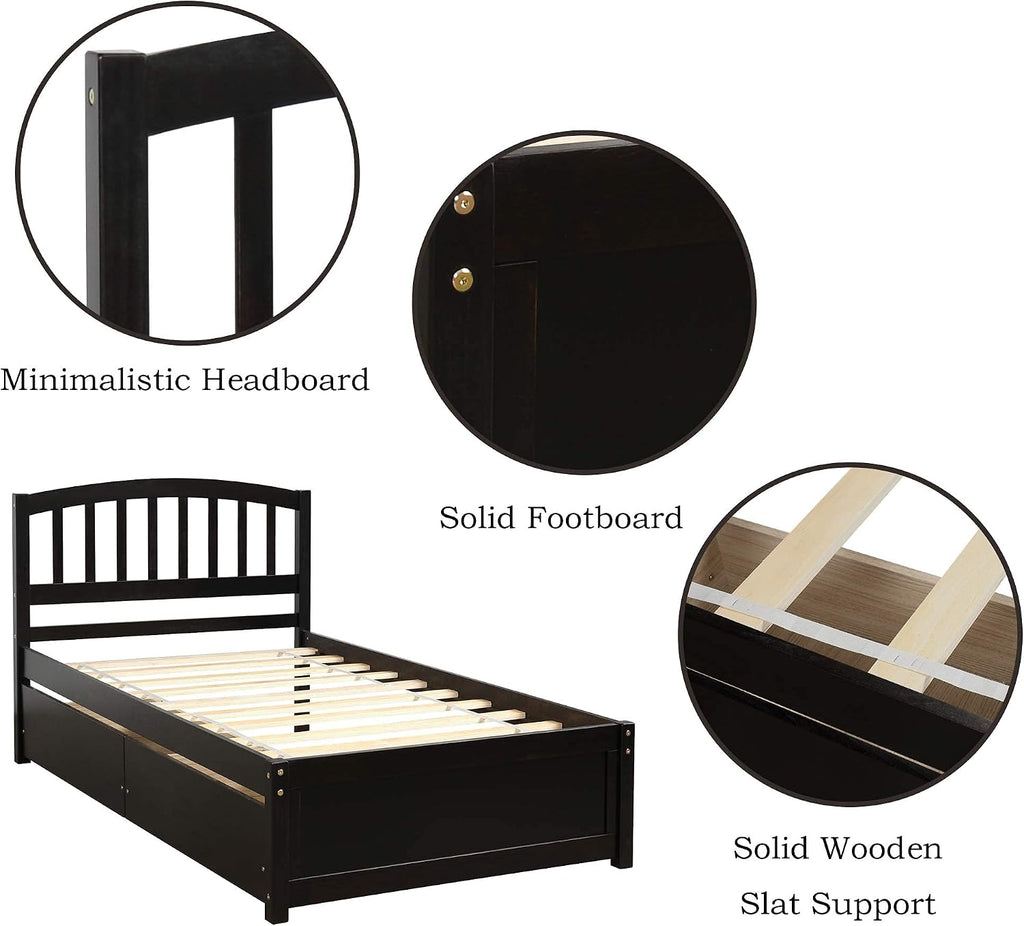 Harper & Bright Designs Wood Twin Size Platform Bed with Storage Drawers and Headboard for Saving Space, Vintage Bed Frame for Kids Boys Girls, No Box Spring Needed, Space Saving, Espresso