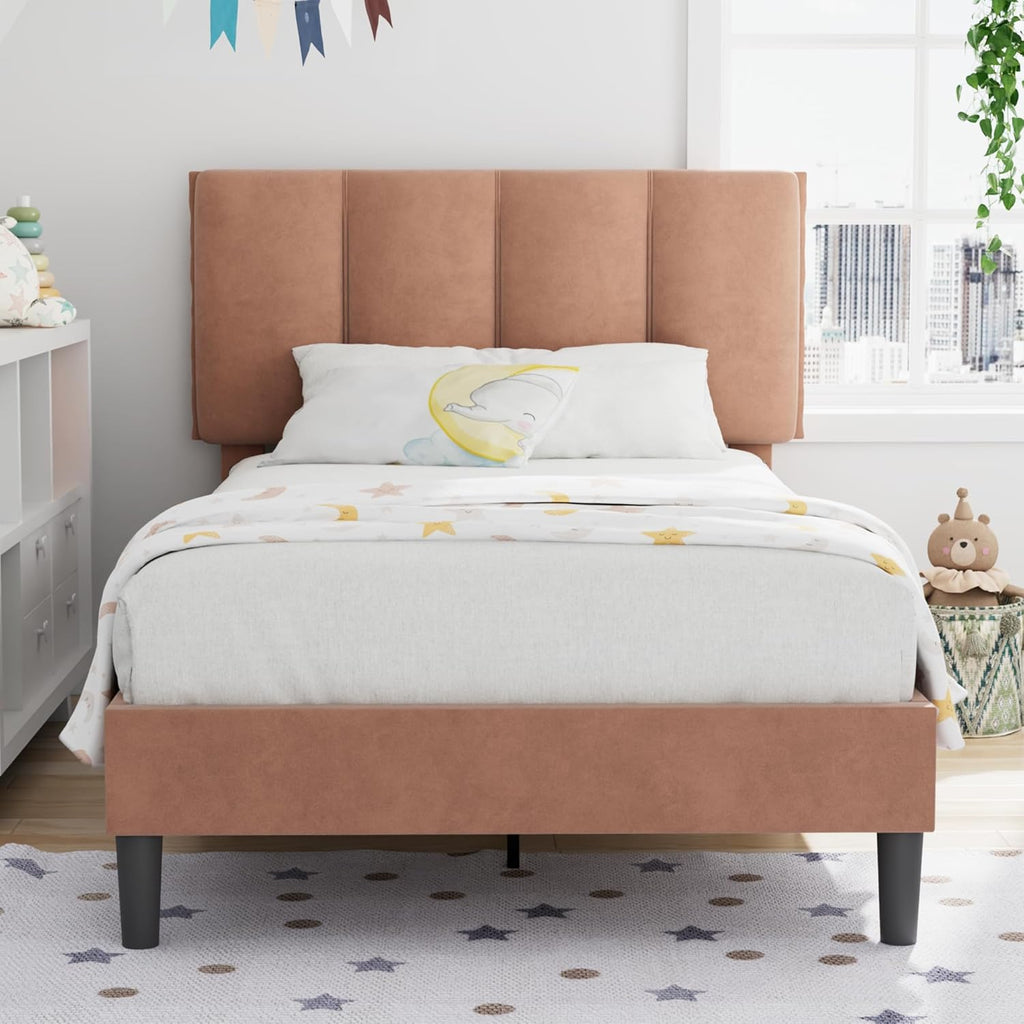VECELO Twin Size Bed Frame with Upholstered Headboard, Heavy-Duty Bedframe with Wooden Slats & Steel Framework, Easy Assembly, Coffee
