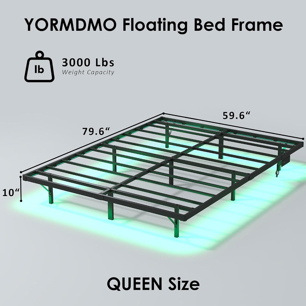 YORMDMO Floating Bed Frame Queen Size, Heavy Duty Bedframe with Smart LED Lights & Charging Station, Modern Metal Platform Bed, Easy Assembly No Box Spring Needed, 10 Inch