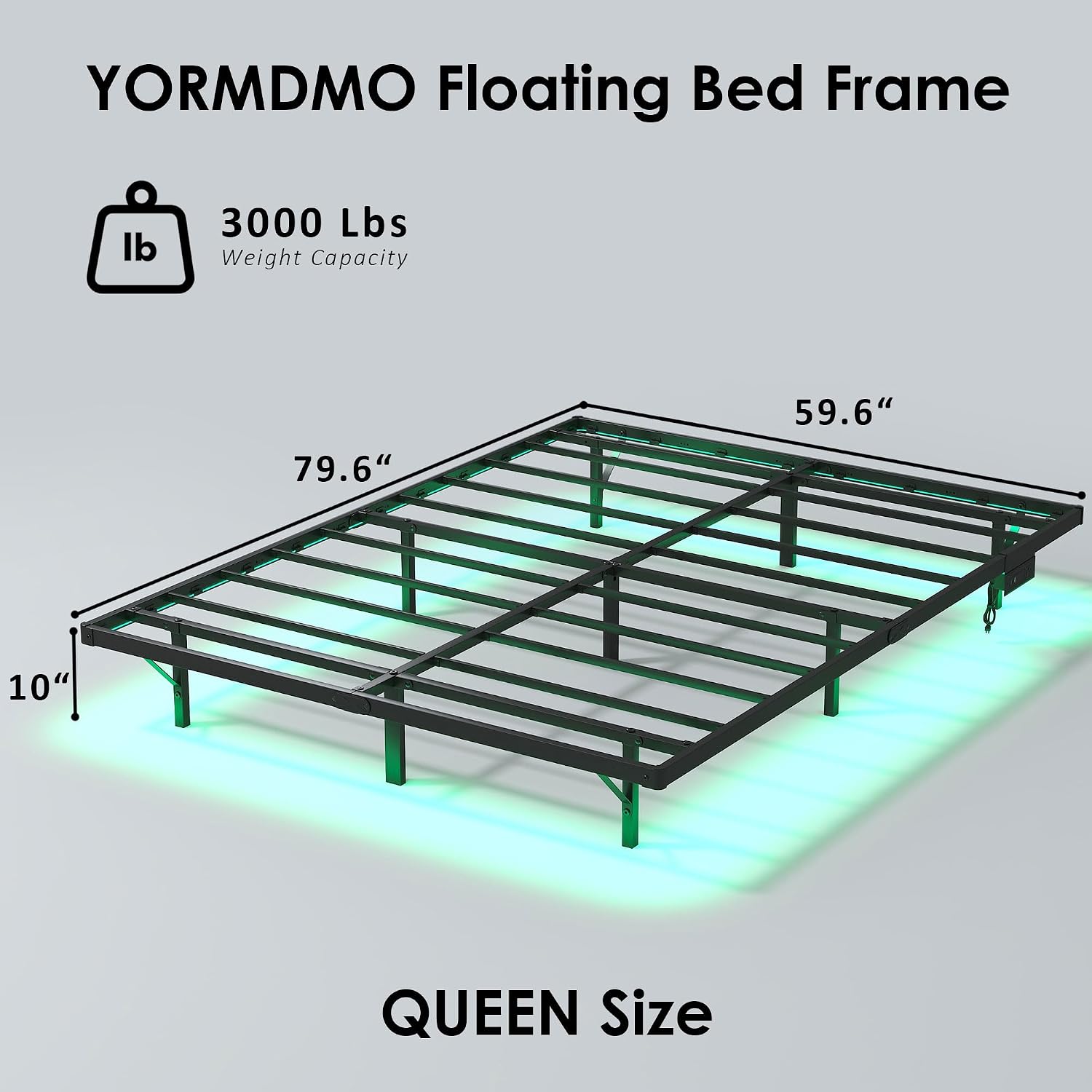 YORMDMO Floating Bed Frame Queen Size, Heavy Duty Bedframe with Smart LED Lights & Charging Station, Modern Metal Platform Bed, Easy Assembly No Box Spring Needed, 10 Inch