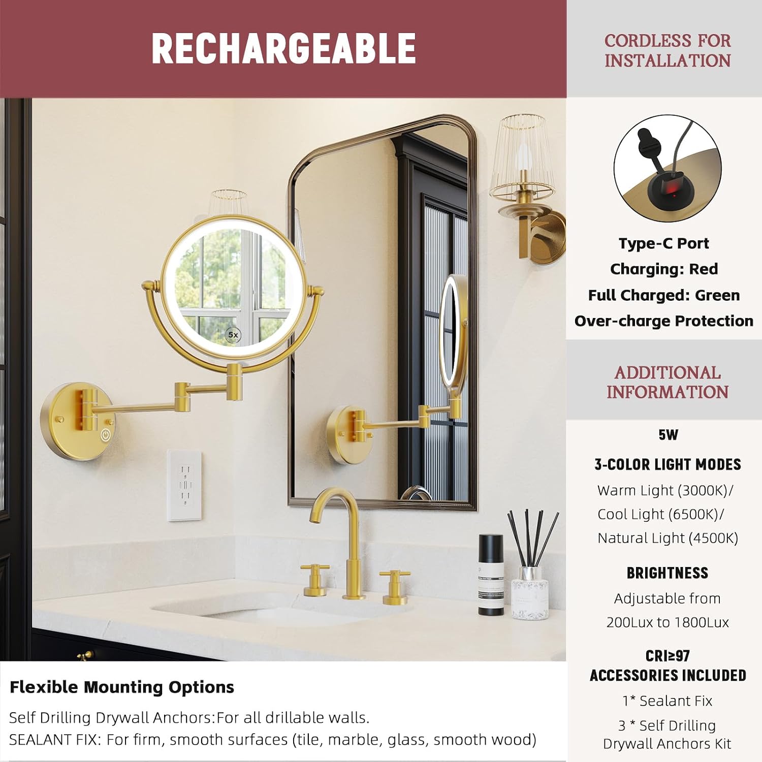 Rechargeable Wall Mount Makeup Mirror Gold for Bathroom, Upgraded Brightness 3 Colors LED Dimmable 360 Rotation Wall-Fixed Ergonomically 1X/5X Magnifying Mirror with Swing Arm, Brushed Gold