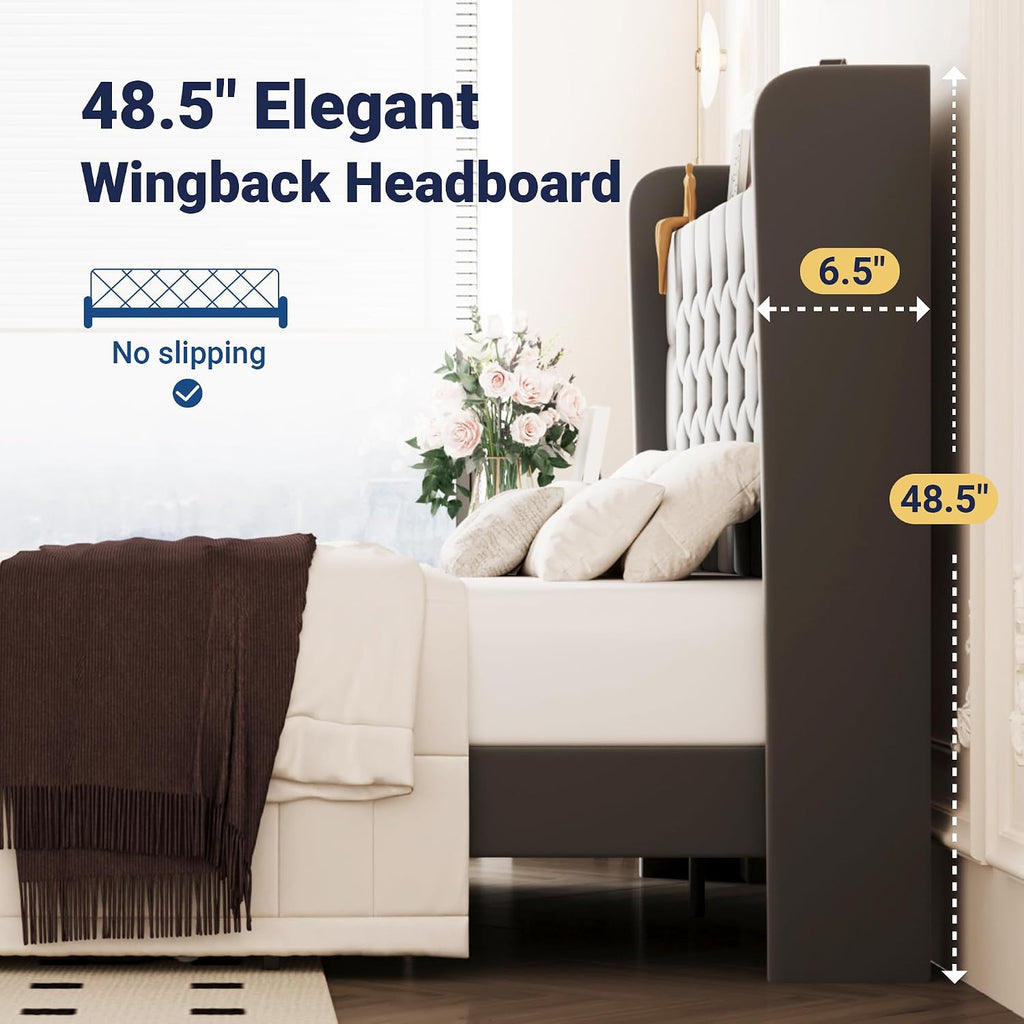 Allewie Full Size Bed Frame, Storage Headboard with Charging Station, Wingback Velvet Upholstered, Diamond Stitched Button Tufted, Sturdy Wooden Slats, No Box Spring Needed, Easy Assembly, Grey