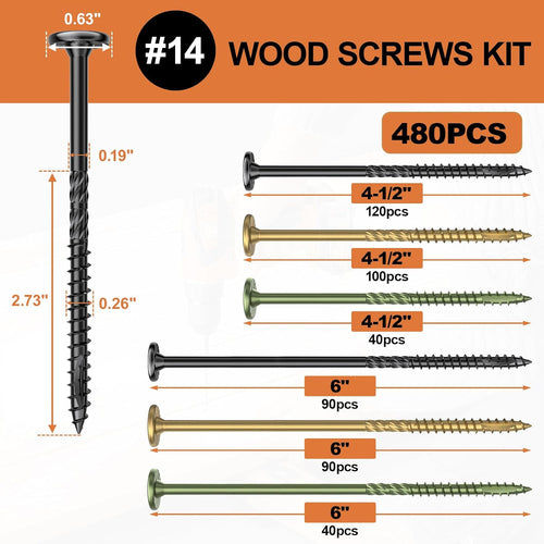 #14 Heavy-Duty Wood Screws Assortment Kit, 480Pcs Star Drive Decking Wood Screws, Rust Resistant Timber Screws for Log/Landscaping Wood (2-7/8',6') Black, Tan, Green