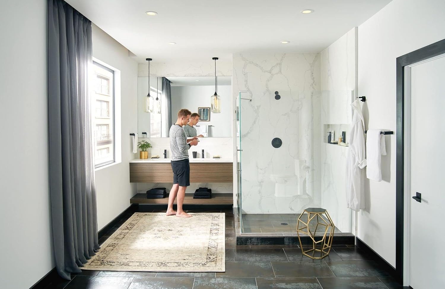 Moen Align Matte Black Accessories Bundle Featuring Modern 24inch Bathroom Towel Bar, Robe Hook, Wall Mounted Double Post Pivoting Toilet Paper Holder, and 9inch Hand-Towel Bar