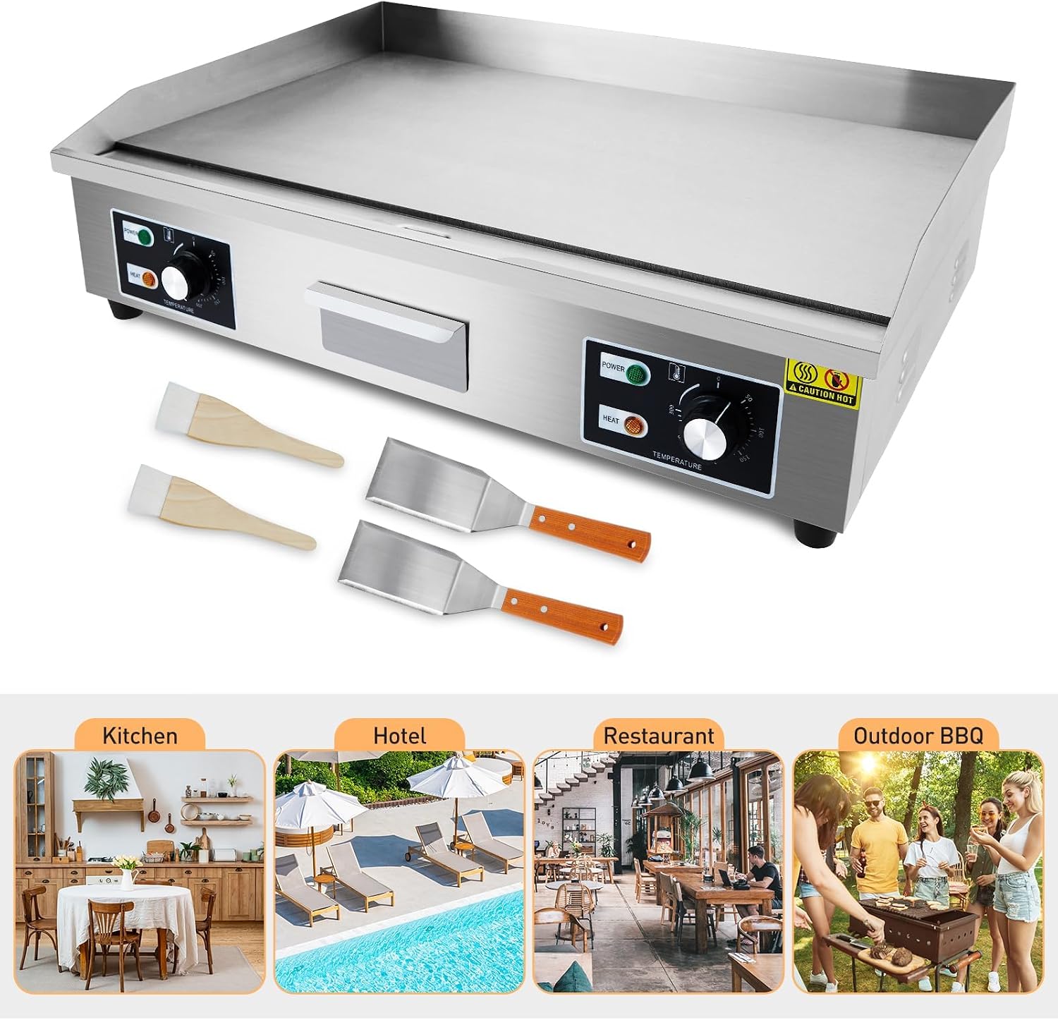 29 in Stainless Steel Electric Griddle 3000W Professional Cast Iron Indoor Electric Grill, Adjustable Temperature up to 122℉-572℉