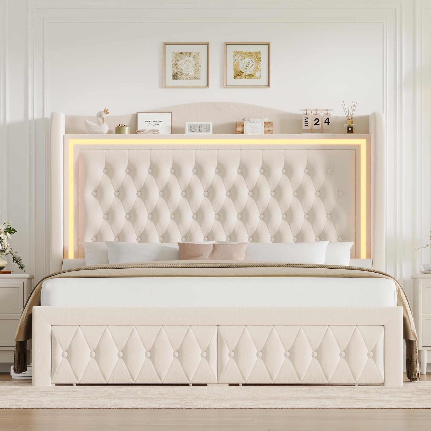 King Bed Frame 55' Tall Headboard with LED Lights, Buttons Tufted Velvet Upholstered Platform Bed Frame with 2 Storage Drawers, Wood Slats Support Mattress Foundation, No Box Spring Needed, Beige