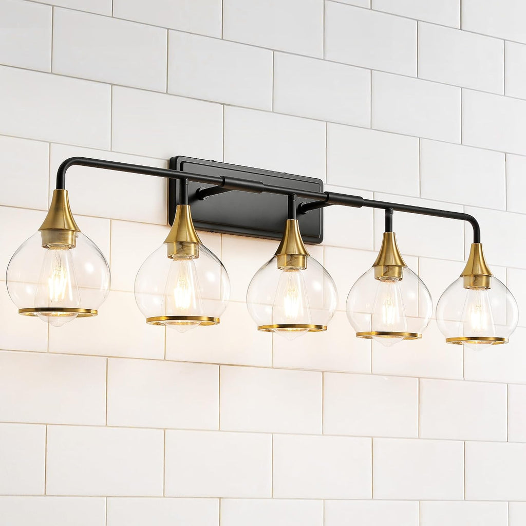 Black and Gold Bathroom Vanity Light 5-Lights Bathroom Light Fixtures Over Mirror with Clear Glass Shade 39.2 inch Wall Sconce Lighting Bath(Exclude E26 Bulb)